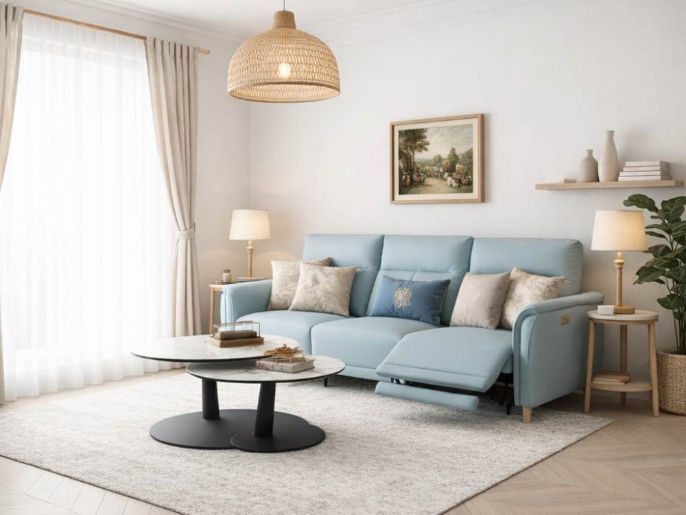 汐藍一字型半牛皮沙發情境圖