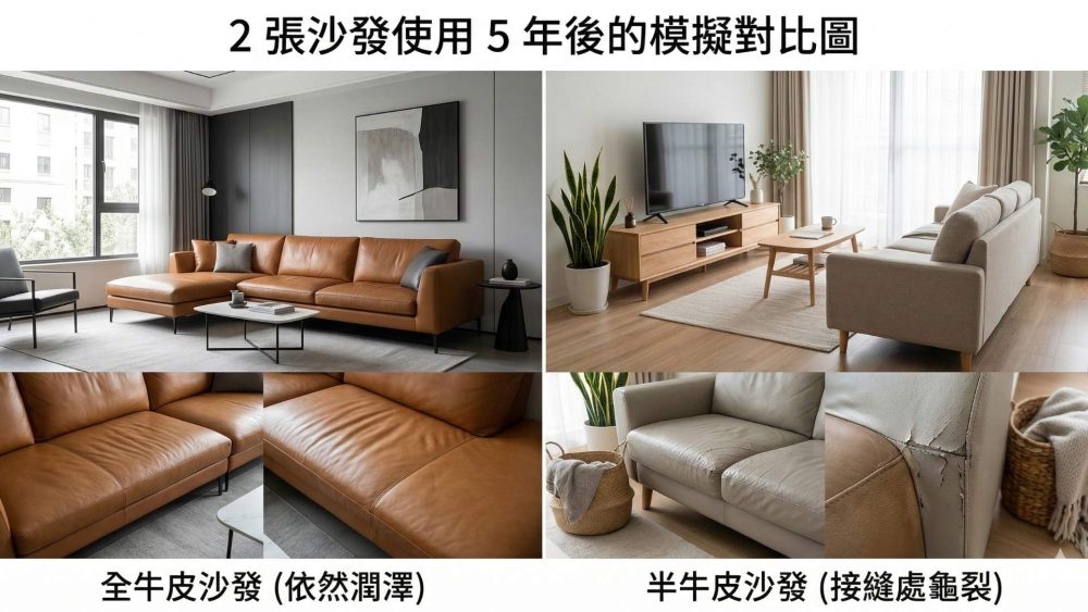 沙發耐用度長期對比：全牛皮 vs 半牛皮龜裂風險